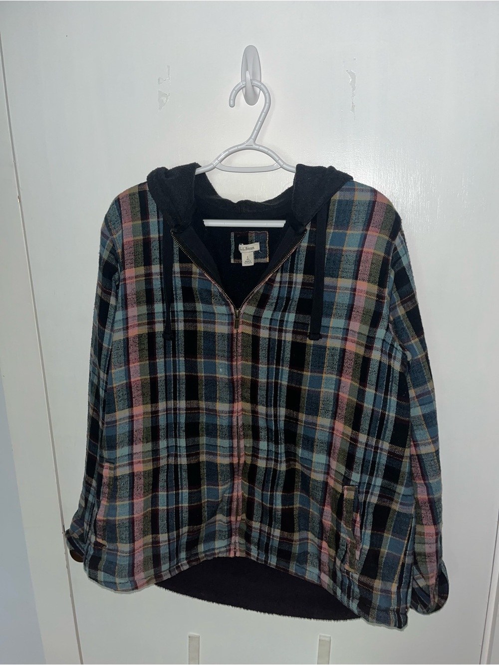 L.L. Bean Blue, Green and Salmon Pink Plaid Zip-Up Fleece Jacket